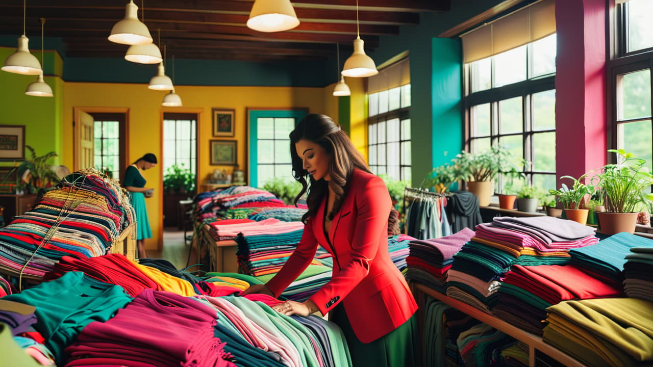  a vibrant thrift store filled with colorful racks of old clothing, a person sorting through garments, piles of fabric scraps, and a sewing machine with upcycled creations displayed nearby, surrounded by plants and natural light. hyperrealistic, full body, detailed clothing, highly detailed, cinematic lighting, stunningly beautiful, intricate, sharp focus, f/1. 8, 85mm, (centered image composition), (professionally color graded), ((bright soft diffused light)), volumetric fog, trending on instagram, trending on tumblr, HDR 4K, 8K