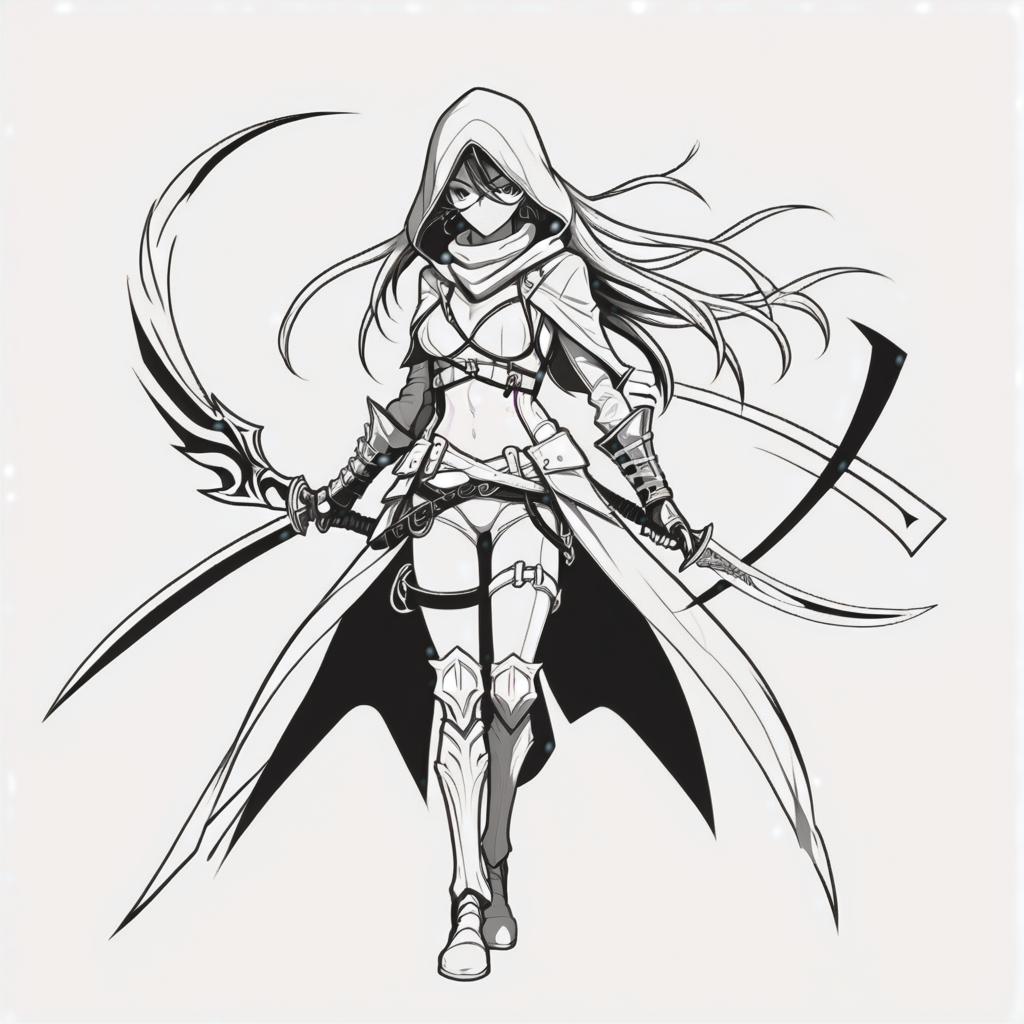  line art drawing assassin girl with two sickles, battle stance, same nightmare. anime style . professional, sleek, modern, minimalist, graphic, line art, vector graphics