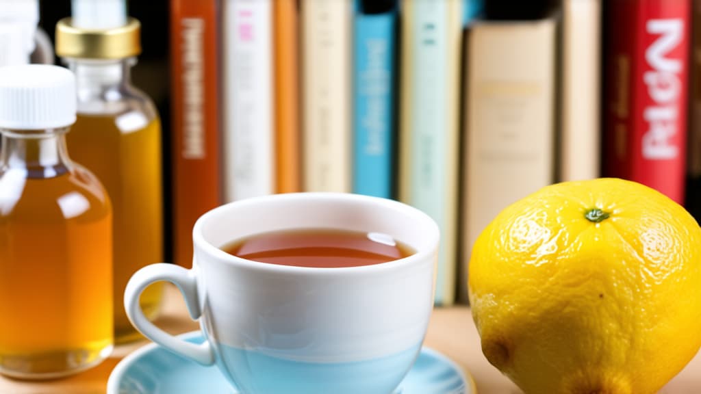  fighting the flu a cup of hot tea with lemon and honey against a background of blurred books and medicine bottles" style: still life, cozy parameters: 60 mm, f/4, 1/60 sec, iso 800 description: composition with hot tea, lemon and honey, as well as medicines, symbolizes home methods of fighting the flu. ar 16:9 {prompt}, maximum details