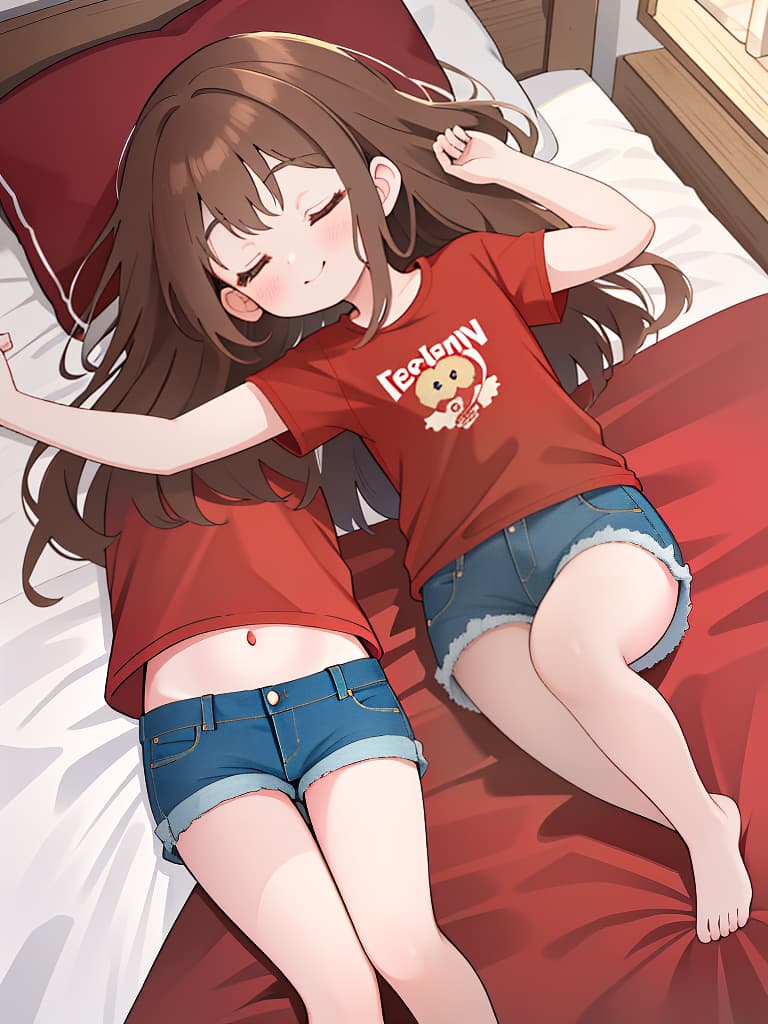  sleep on brown haired girls, smiles, red t shirts, denim shorts, beds, masterpiece, best quality,8k,ultra detailed,high resolution,an extremely delicate and beautiful,hyper detail