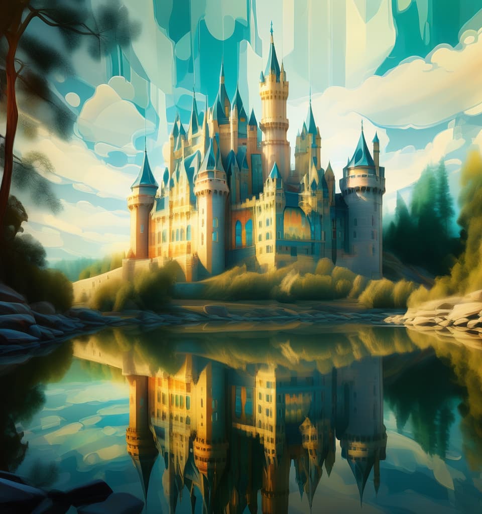  pop art style (digital image, double exposure:1.5). realistic oil painting depicting (glass transparent castle:1.4) on the banks of a serene river, inspired by the landscapes of thomas moran, bright colors, intricate details, reflections in the water, a distant perspective that conveys the grandeur of the castle and its surroundings. . bright colors, bold outlines, popular culture themes, ironic or kitsch, hkmagic