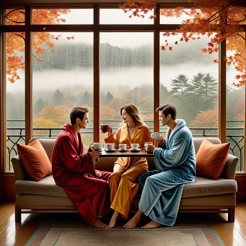  digital illustration, ink and watercolor on parchment, with fine shading of the edges, depicting an two lovers, a man and a woman dressed in pajamas, sit on a sofa at a table and drink hot tea, look out the panoramic window, a monotonous autumn rain falls outside the window, the wind carries autumn leaves, soft diffused lighting in warm tones envelops her, enhancing the mystical aura around her slender form.