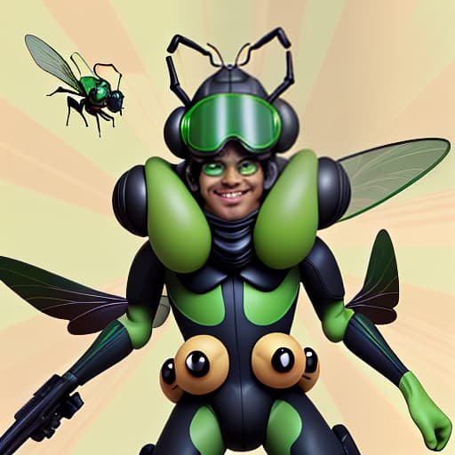  cute cartoon insect beetle character with a green body, big expressive eyes and a smile on his lips. on his head he has a huge brown helmet with goggles, giving him an adventurous look. the insect beetle stands confidently holding a blaster, he has graceful wings and long tendrils. the background is simple and bright inside the starship to emphasize the charm of the funny character with the weapon.