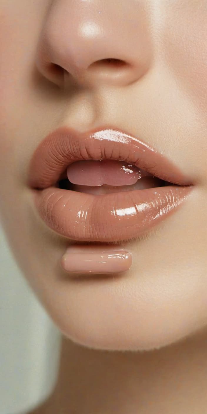  women's lips, beautiful plump lips, lips with lip gloss, lip gloss nudum, lip gloss beige on the lips, film photography style