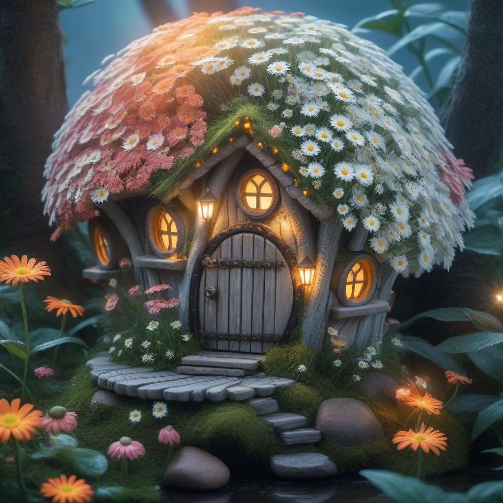  A wonderful fairy house with a thicket of daisies hyperrealistic, full body, detailed clothing, highly detailed, cinematic lighting, stunningly beautiful, intricate, sharp focus, f/1. 8, 85mm, (centered image composition), (professionally color graded), ((bright soft diffused light)), volumetric fog, trending on instagram, trending on tumblr, HDR 4K, 8K