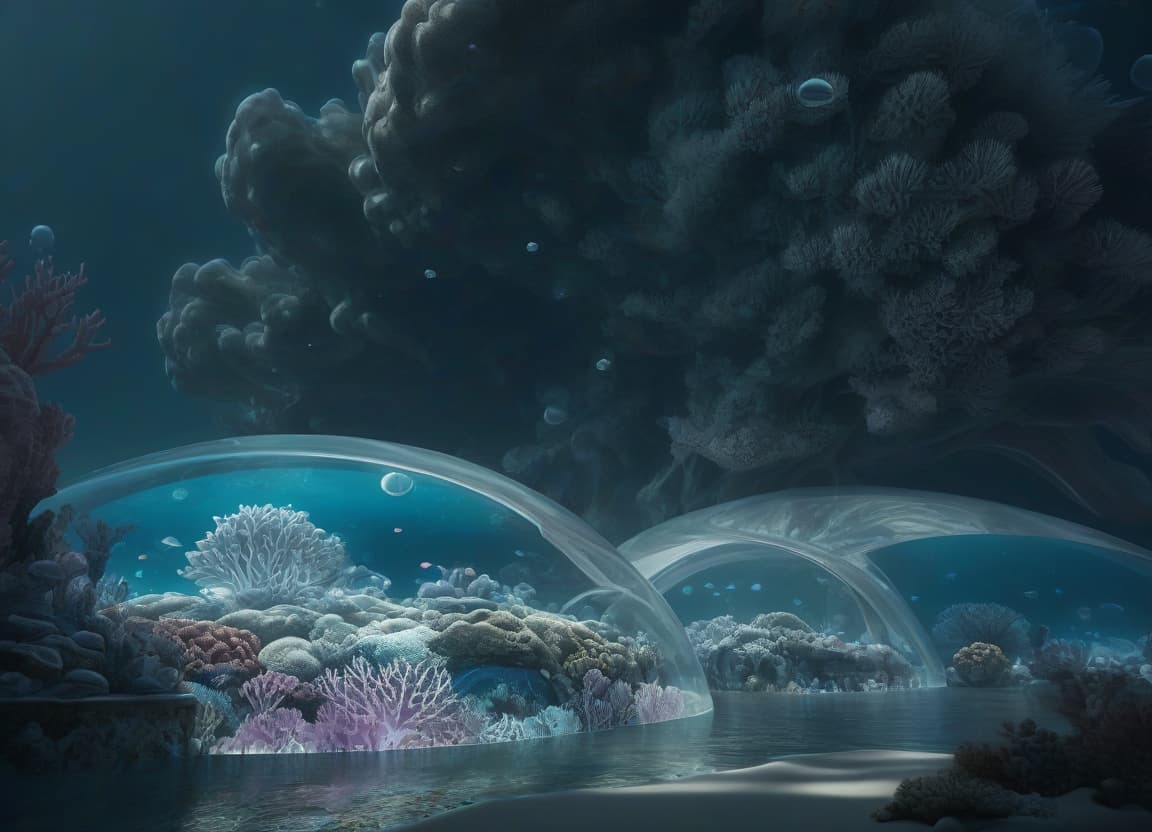  futuristic 3d image of an underwater urban landscape with crystal clear domes, elegant water transport and buildings inspired by coral formations