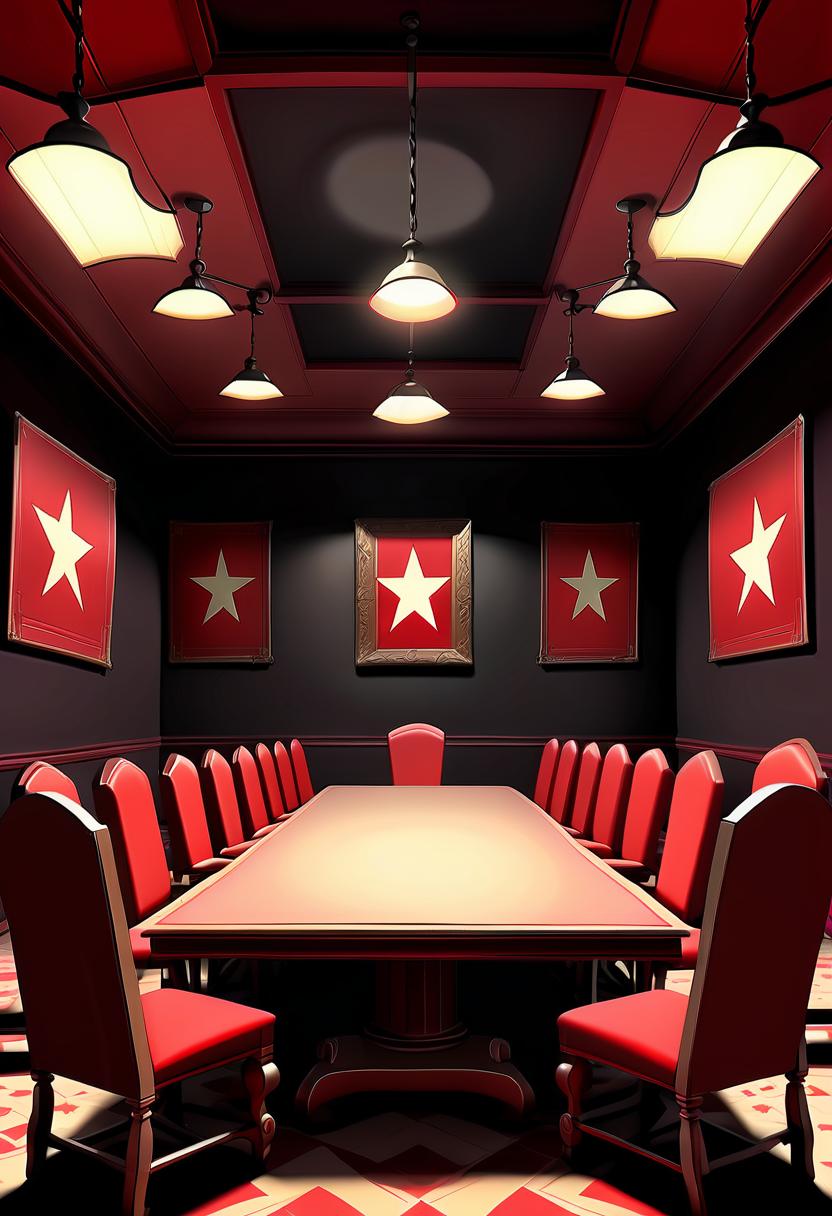  renaissance style a meeting room with empty seats, red flags on walls, black walls, red star (cel shading, vintage anime:1.25) . realistic, perspective, light and shadow, religious or mythological themes, highly detailed