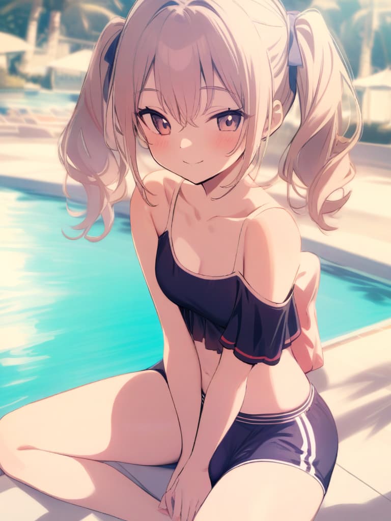  junior s, twin tails, cute smiles, swimwear, swimwear, s with , (shaped clear , bulge, phimosis), flirt, whole body, pool side,