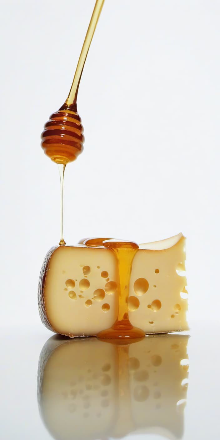  cinematic photo cheese watered with honey, a beautiful reflection from honey and cheese, a light background . 35mm photograph, film, bokeh, professional, 4k, highly detailed, film photography style