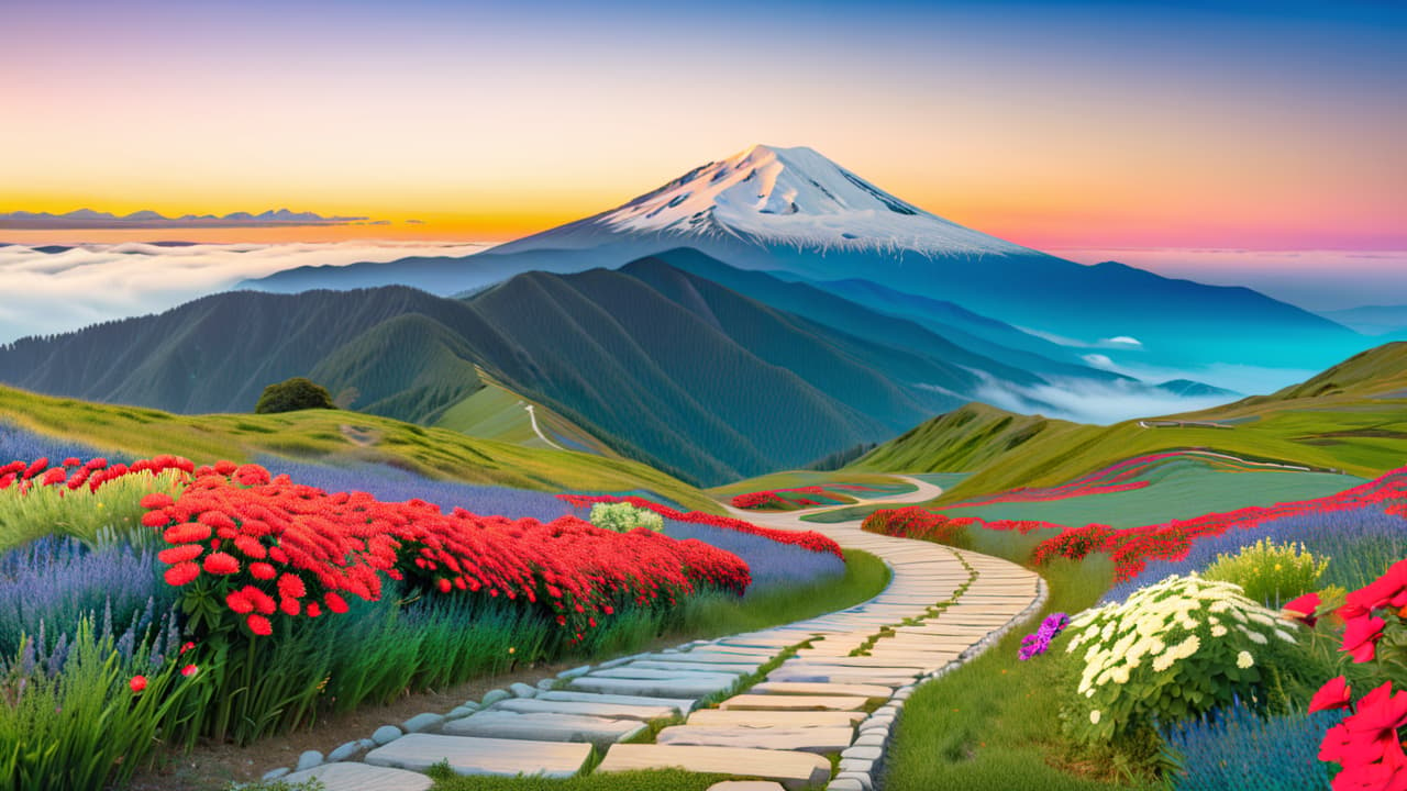  a serene landscape with a winding path leading towards a distant mountain, dotted with signposts representing various goals, surrounded by vibrant flowers and a clear blue sky, symbolizing the journey of goal setting. hyperrealistic, full body, detailed clothing, highly detailed, cinematic lighting, stunningly beautiful, intricate, sharp focus, f/1. 8, 85mm, (centered image composition), (professionally color graded), ((bright soft diffused light)), volumetric fog, trending on instagram, trending on tumblr, HDR 4K, 8K