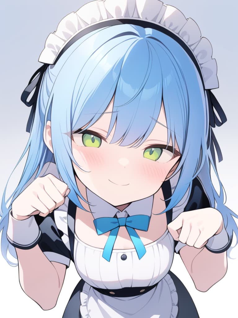  (paw pose:1.4),maid outfit,(cat years),best quality,blue hair,green eyes,masterpiece,(shy smile:1.4),looking up,