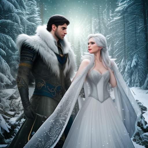 The snow queen and the white wolf go deep into the wintry forest, ahead of them the Moon. hyperrealistic, full body, detailed clothing, highly detailed, cinematic lighting, stunningly beautiful, intricate, sharp focus, f/1. 8, 85mm, (centered image composition), (professionally color graded), ((bright soft diffused light)), volumetric fog, trending on instagram, trending on tumblr, HDR 4K, 8K
