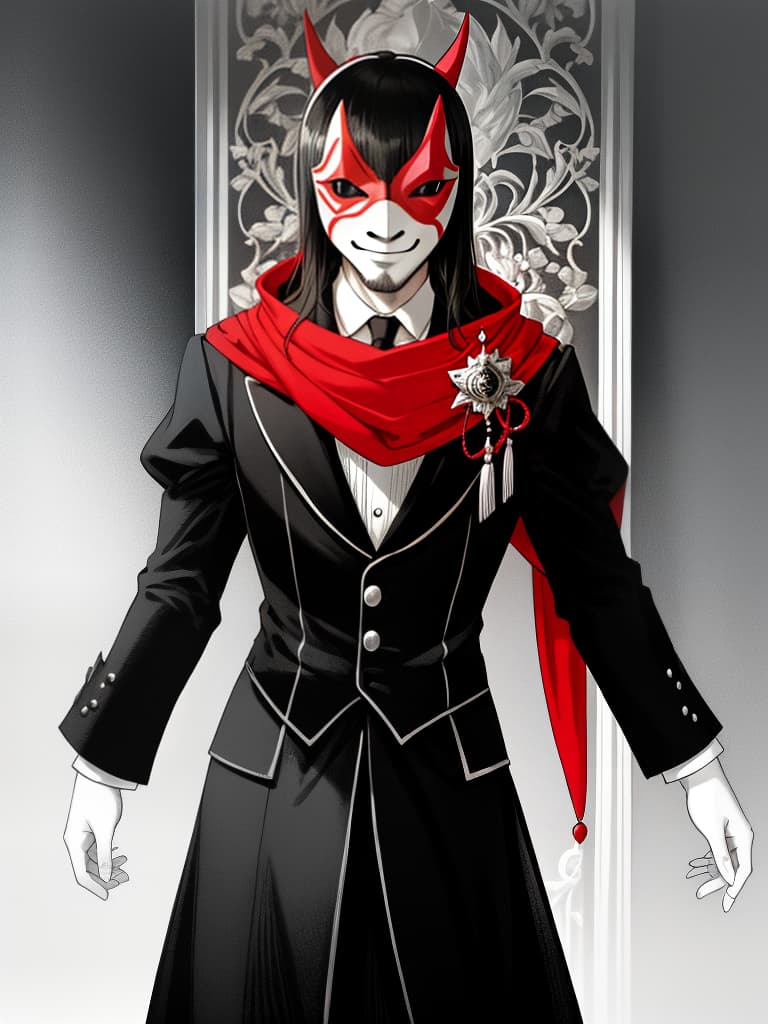  masterpiece,(((monochrome))),one monstrous thief throat french male,(silk hat),(( wearing a red domino mask:eye mask)),smirking,medieval european aristocratic tailcoat,