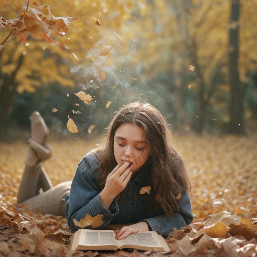  cinematic photo the girl who blows on a dusty book, among the autumn leaves . 35mm photograph, film, bokeh, professional, 4k, highly detailed, film photography style