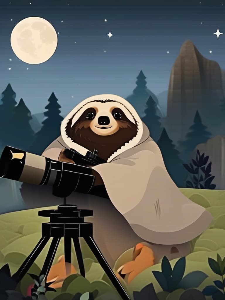  masterpiece,best of the best{,((full moon)) ＆(very cute sloth)＆((cute little rabbit))},((sloth with cape)),(((rabbit with muffler))),((telescope)),book,moonlit background,field,high quality,16k