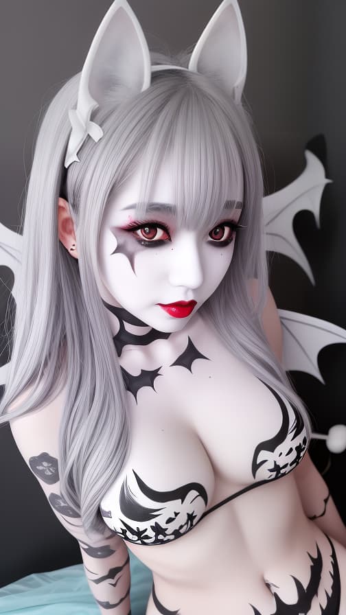  White bat pattern body paint in every corner of the body, gray body paint all over the body, Grey face paint on the face, Two succubus sisters, full body image 女性