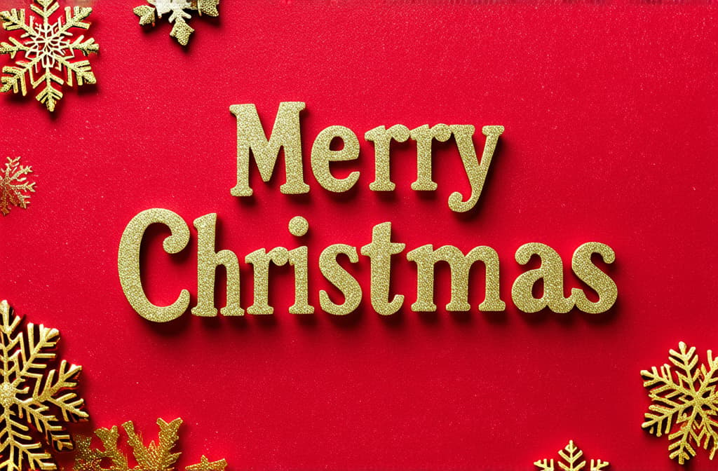  professional detailed photography, letter “merry christmas” on a red background with golden snowflakes ar 3:2, (muted colors, dim colors, soothing tones), (vsco:0.3)