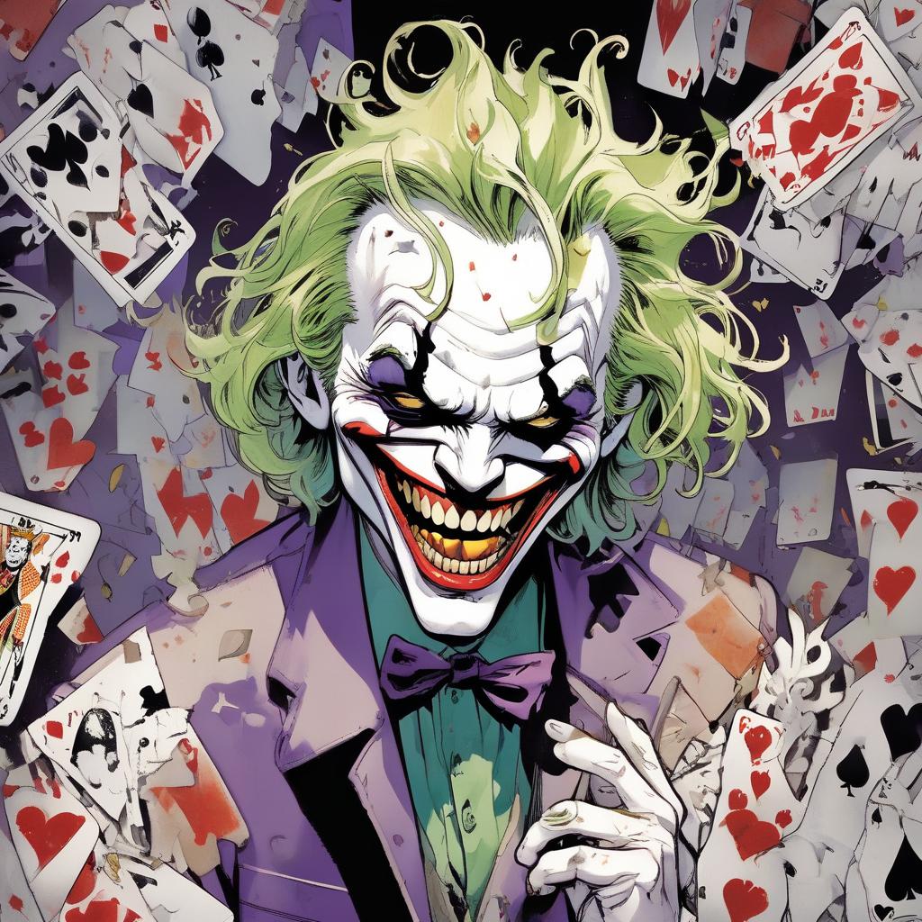  joe's card shows the joker's distorted face with discolored white hair. smile stretched to madness, one eye squinted, the other wide open. around chaotically scattered suits of cards, but they are all changed: worms cracked, clubs with thorns, spades are like drops of blood. on the edges of the card graffiti, like traces of claws. it says "joe" at the bottom, but the letters are curved: "d" drips and "o" is a crooked grin. the card conveys jo's chaos and energy.