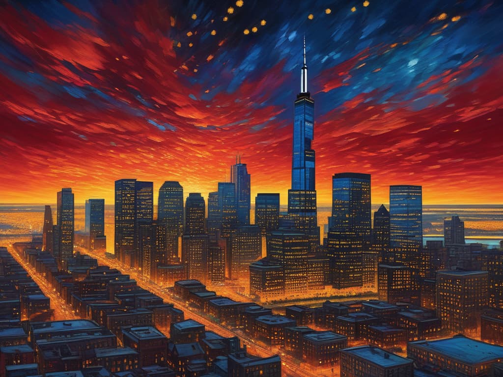  ethereal fantasy concept art of sears tower, crain's communications building, drone view, tilt shift, van gogh's starry night, colorful red orange swirls, cloud gate, hyper realistic, chicago skyline, mesmerizing, intricate details, flambient golden red sunrise, dramatic lighting, epic composition, wide angle, cinematic, masterpiece, 4k, raw photo, van gogh influence, studio lighting, impressionist, bold colors, starry sky, architectural elements, medium format lens, high angle, cityscape, city life, metropolitan, van gogh's brushstrokes, van gogh's shadows, van gogh's colors, van gogh's textures, nighttime, city scene, streets, night cityscape. magnificent, celestial, ethereal, painterly, epic, majestic, magical, fantasy art, cover art, dr