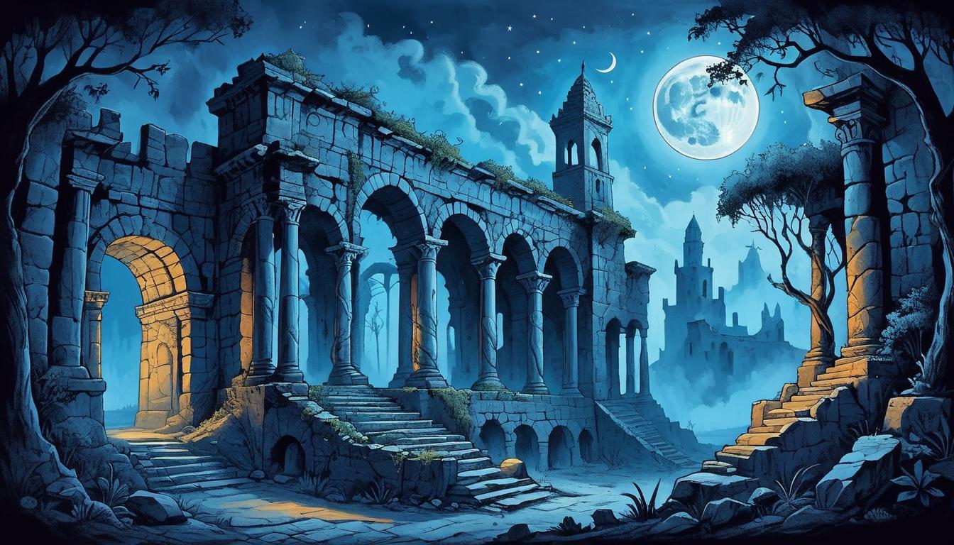  on parchment, surrealism+++, ancient ruins under a crescent moon, crumbling stone structures, vines creeping up walls, eerie blue light, mysterious aura(mysterious, provocative, symbolic,muted color)+++