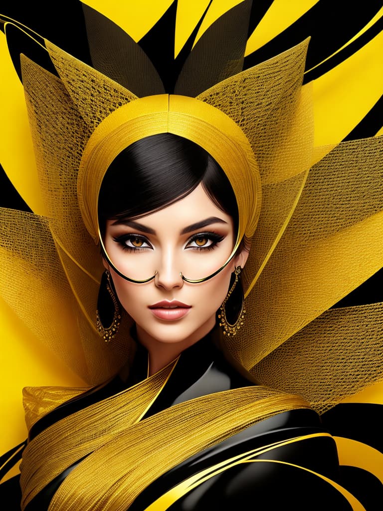  Golden yellow and sleek black color palette, captivating and inviting expression, exuding elegance and charm, magnetic beauty, intricate details, high contrast, luxurious feel, digital art, female, glossy finish, striking composition, dynamic lighting to enhance features.