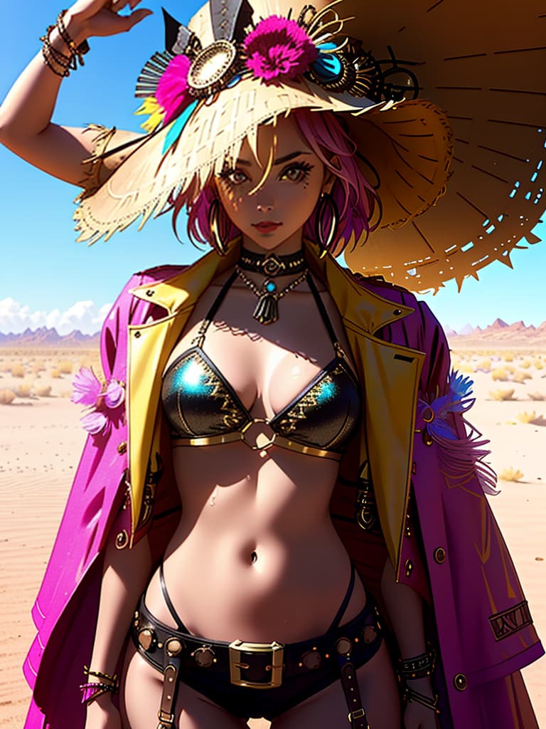  A medium, photo of a female influencer on the desert festival, dressed in a revealing rave outfit, decorated with fringe, bright outfit, steampunk style, daytime, desert background, sharp focus, cinematic, hd