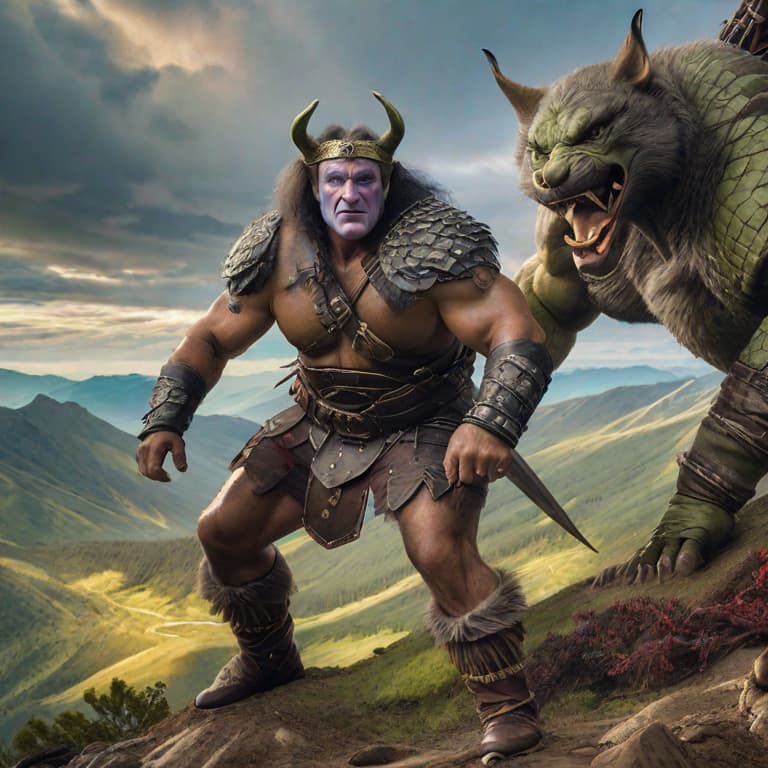  a striking photograph portraying mork (robin williams) transformed into an orc warrior, blending whimsy with fantasy in the style of the imaginative compositions by boris vallejo. monstrous visage, menacing tusks, fierce expression, tribal markings, rugged armor, battle scars, towering stature, primal energy, wilderness backdrop, dramatic lighting, intense gaze, savage demeanor, fantastical realism, dynamic composition, mythical creature, imaginative transformation, epic adventure, immersive storytelling, otherworldly allure. hyperrealistic, full body, detailed clothing, highly detailed, cinematic lighting, stunningly beautiful, intricate, sharp focus, f/1. 8, 85mm, (centered image composition), (professionally color graded), ((bright soft diffused light)), volumetric fog, trending on instagram, trending on tumblr, HDR 4K, 8K