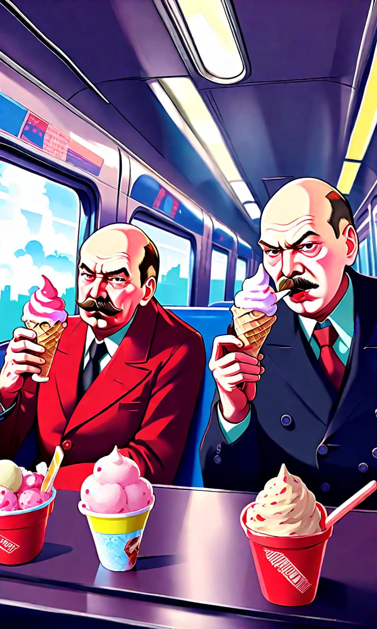  anime artwork stalin and vladimir ilyich lenin eat ice cream on the train. . anime style, key visual, vibrant, studio anime, highly detailed