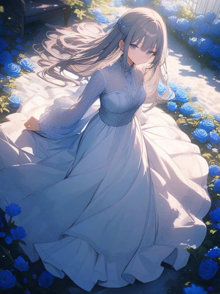  clothes, blue eyes, blue flowers, flowers, girls, cool, blue flowers carpets, fantastic, beautiful, loli feel, masterpiece, best quality,8k,ultra detailed,high resolution,an extremely delicate and beautiful,hyper detail