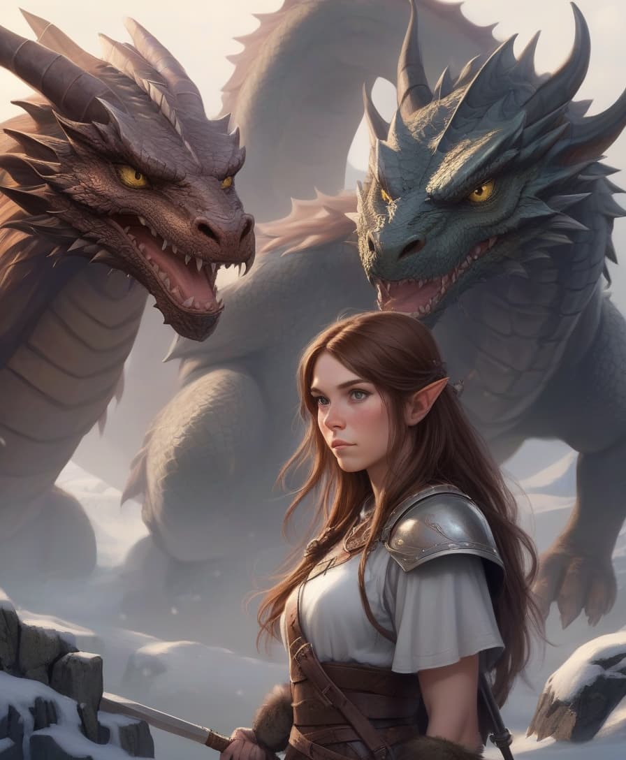  girl, brown haired, scandinavian warrior, behind her and the dragon