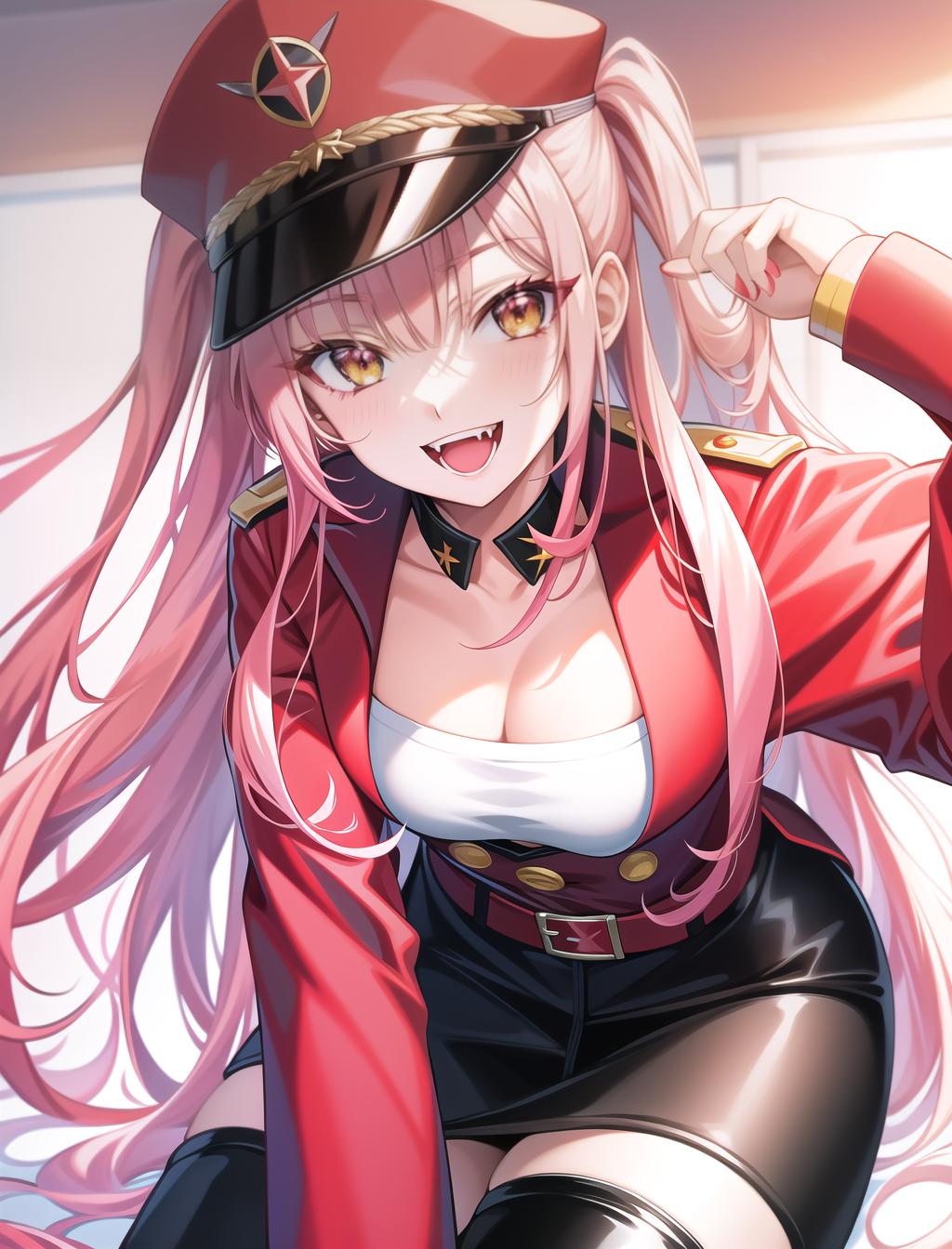  close up, solo, masterpiece, best quality, 1 female, zero two, long straight pink hair, fangs, crazy smile, green eyes, all red military jacket with officer cap, long red thin straight horns, thigh highs