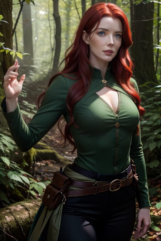  Bridget Regan with straight red hair, ((green eyes)), green top, black pants, ivy leaves, leaves in hair, hippie, in the woods