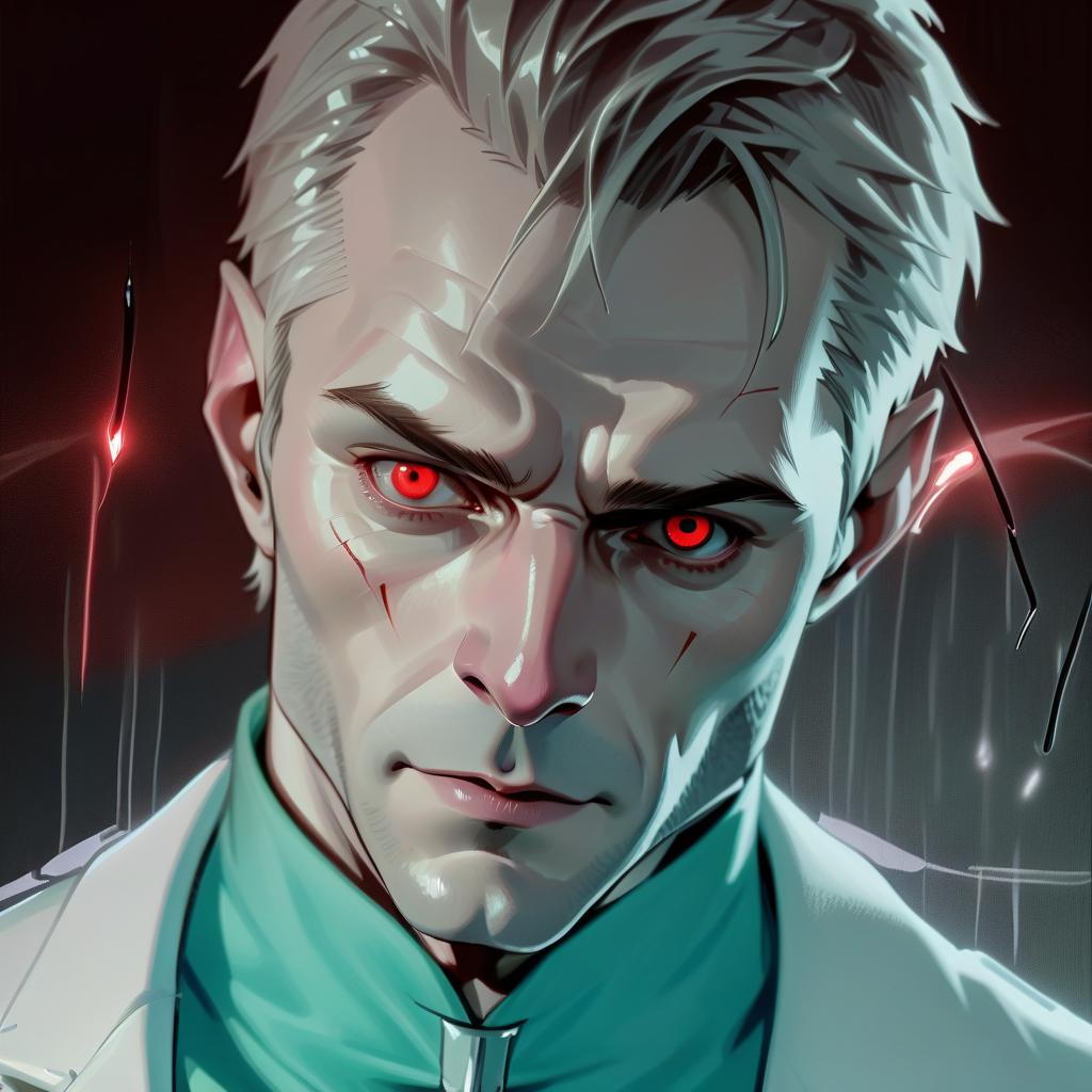  doctor. a middle aged man, but very young. pale skin. with beautiful and delicate facial features. looks like an elf. red glowing eyes. a predatory look. white short hair. in a white coat, under which a white jacket is visible. in a hospital room, using a pen in a white latex glove, puts a white latex glove on his right hand.