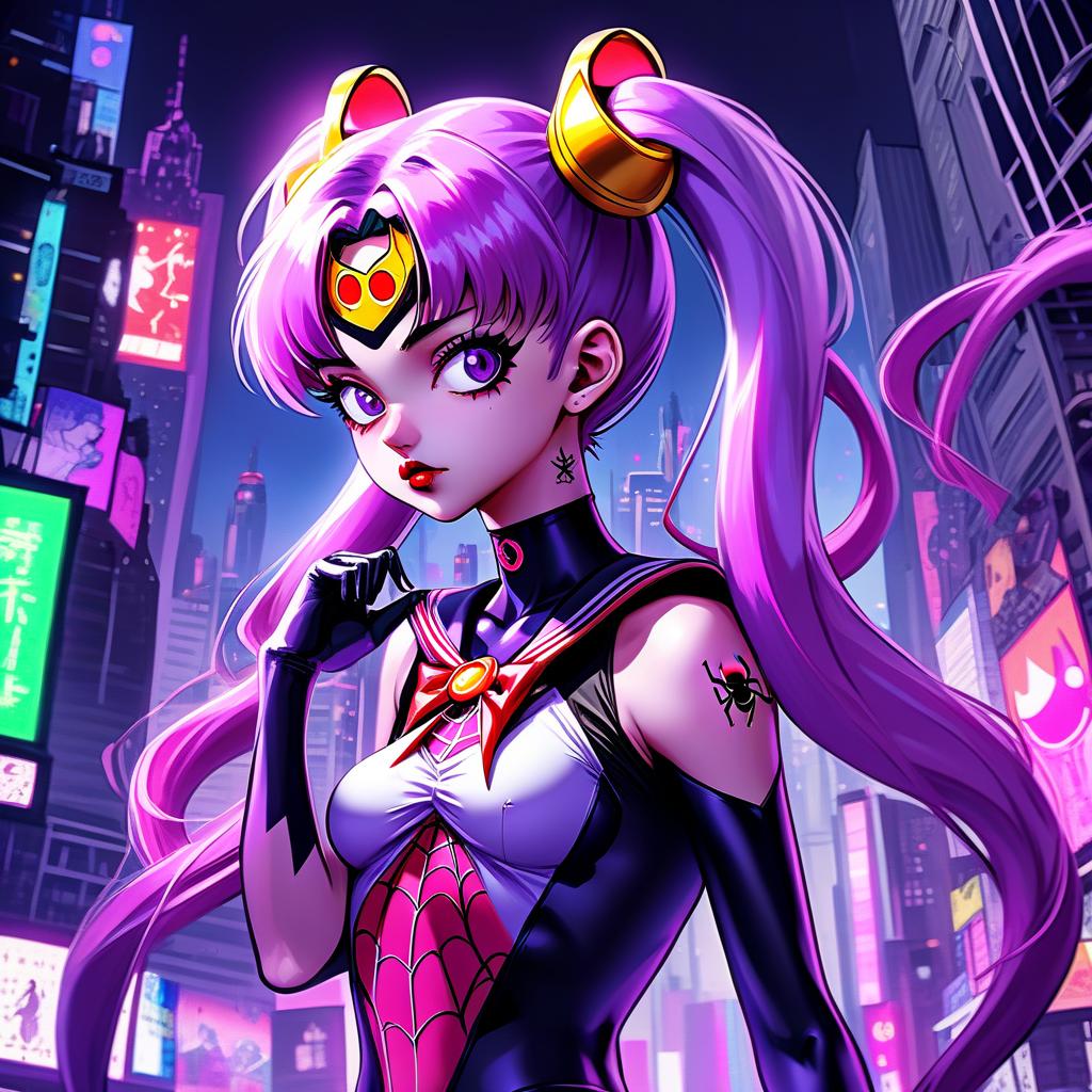  anime artwork gothic style, anime, girl with purple hair, one ponytail on her head, sailor moon costume, gwen stacey costume, spider, spider man, cyberpunk, neon, gothic makeup, frowny face . anime style, key visual, vibrant, studio anime, highly detailed, hkmagic