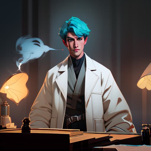  A young man in a lab coat sits in a dark biologist's office, next to a table under muted lighting from a lamp and smokes. hyperrealistic, full body, detailed clothing, highly detailed, cinematic lighting, stunningly beautiful, intricate, sharp focus, f/1. 8, 85mm, (centered image composition), (professionally color graded), ((bright soft diffused light)), volumetric fog, trending on instagram, trending on tumblr, HDR 4K, 8K