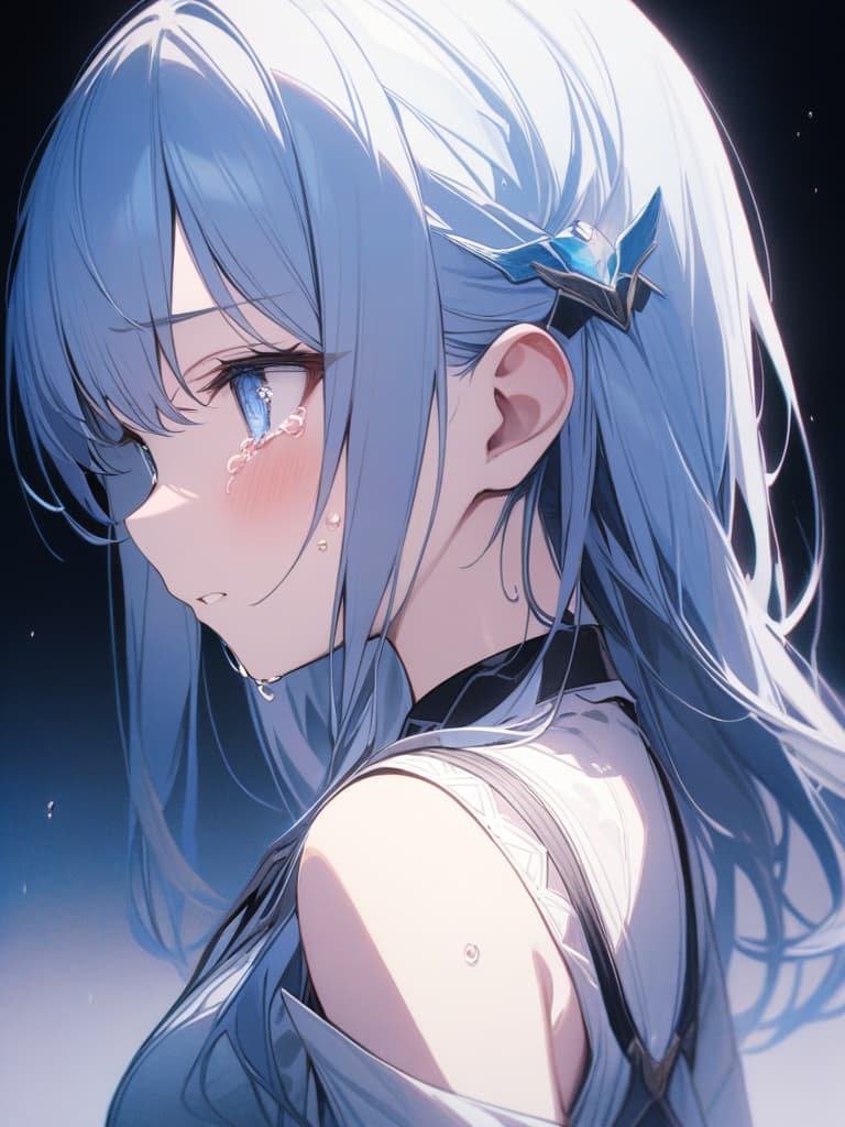  jewelry, crying, girls, loli, light blue hair, tears, and mysterious eyes, masterpiece, best quality,8k,ultra detailed,high resolution,an extremely delicate and beautiful,hyper detail