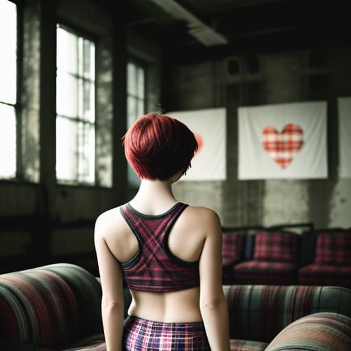  Color, Atmosphere dim, blurry back, girl short haired, in plaid boxers, lounging furniture, tank top, creepy building, bright heart logo