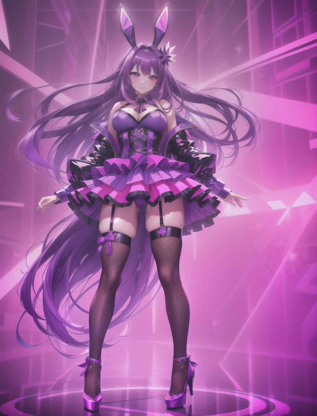  masterpiece, best quality, solo, long purple hair, neon purple eyes, fishnet thigh highs, heels, bunny female outfit, red disco background, cuberpunk, curvy, full body