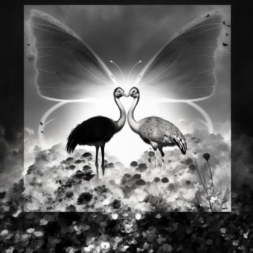  a colorful abstract picture of, two ostriches with bold eyes, forming a face and a body of another flying butterfly at their background, , hyperrealistic, high quality, highly detailed, perfect lighting, intricate, sharp focus, f/1. 8, 85mm, (centered image composition), (professionally color graded), ((bright soft diffused light)), trending on instagram, HDR 4K, 8K