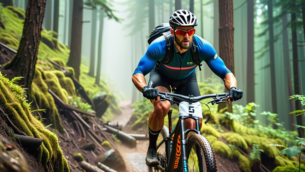  a rugged mountain trail with a cyclist navigating steep terrain, showcasing intense expressions, muddy tires, and visible muscle strain, surrounded by towering trees and rocky cliffs, capturing the physical challenges of mountain biking. hyperrealistic, full body, detailed clothing, highly detailed, cinematic lighting, stunningly beautiful, intricate, sharp focus, f/1. 8, 85mm, (centered image composition), (professionally color graded), ((bright soft diffused light)), volumetric fog, trending on instagram, trending on tumblr, HDR 4K, 8K