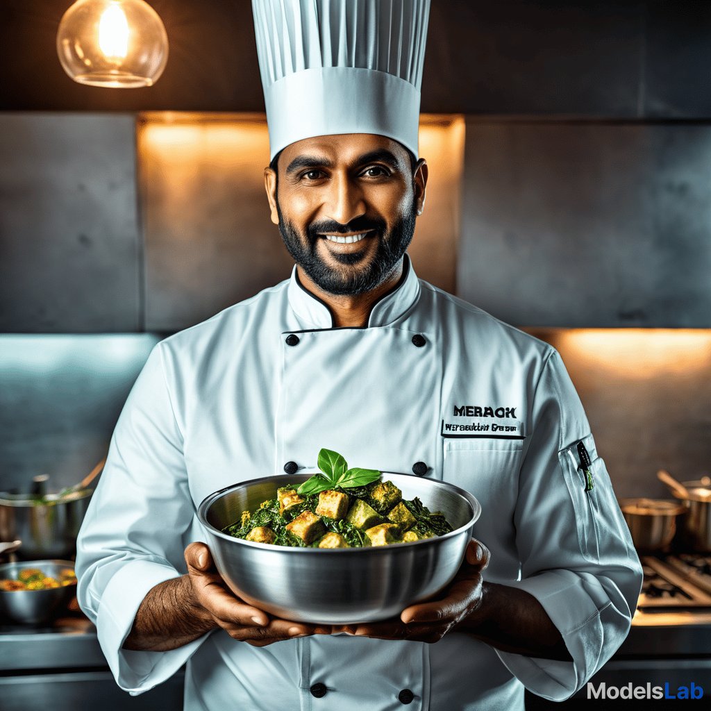  a chef holding bowl of palak paneer hyperrealistic, full body, detailed clothing, highly detailed, cinematic lighting, stunningly beautiful, intricate, sharp focus, f/1. 8, 85mm, (centered image composition), (professionally color graded), ((bright soft diffused light)), volumetric fog, trending on instagram, trending on tumblr, HDR 4K, 8K