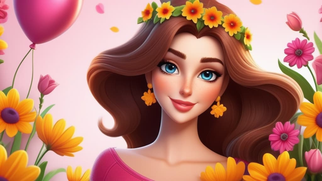  Cartoon Woman with flowers. Happy International Women's Day, Mother's day, birthday card ar 16:9 high quality, detailed intricate insanely detailed, flattering light, RAW photo, photography, photorealistic, ultra detailed, depth of field, 8k resolution , detailed background, f1.4, sharpened focus