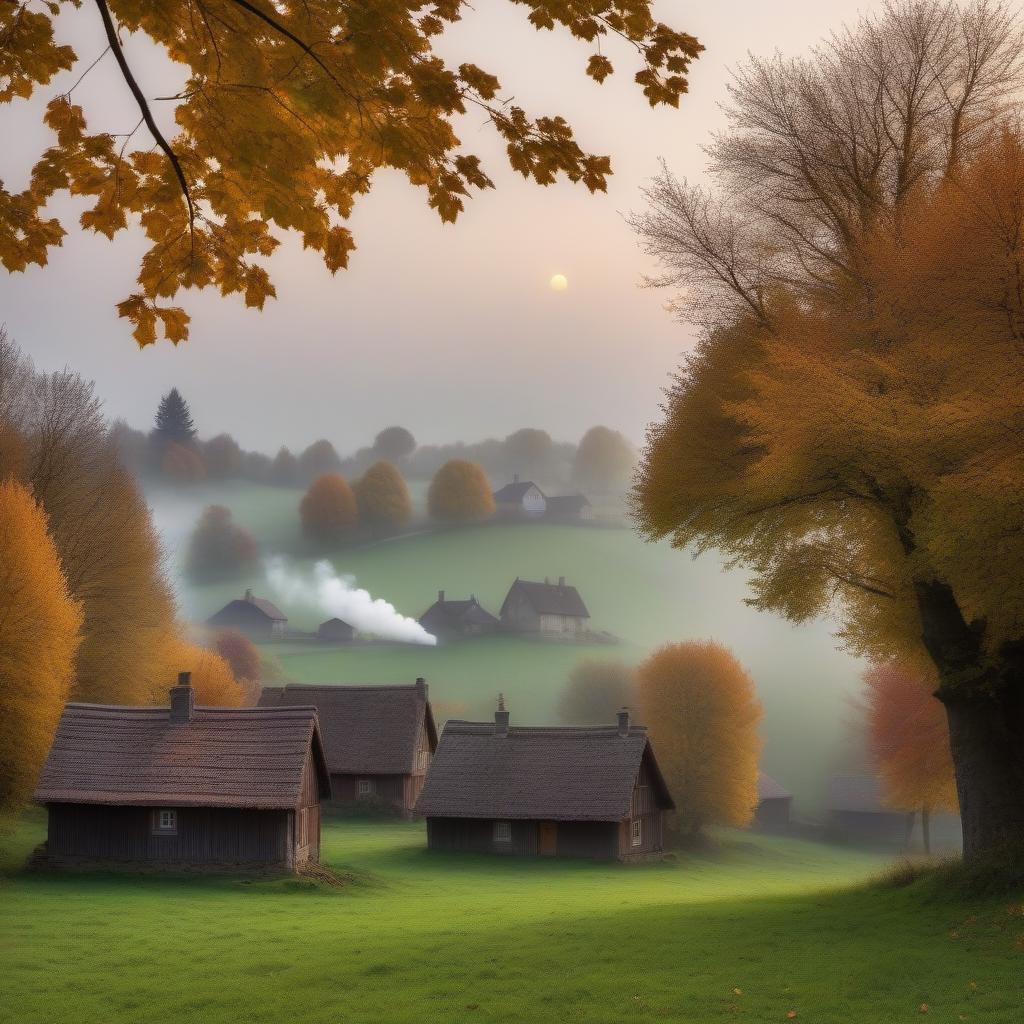  Autumn in the village. Several houses with smoke visible from the chimneys. There is one bright star in the sky. Don't worry our nerves, What's out there in the world, what happened... misty mist in the village The leaves flew from the apple trees, The smell of summer was forgotten. Happy birthday to the Most Pure, Autumn, rural life...