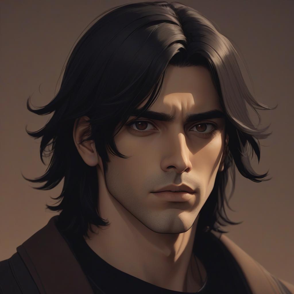  the image shows the character of a guy with long black hair and large brown eyes. the background of the picture is made in warm, neutral colors, which creates a contrast with the dark clothes of the character. the facial expression looks serious and thoughtful, which gives it character and depth. the image style resembles pixel or cartoon graphics, which adds an element of playfulness.