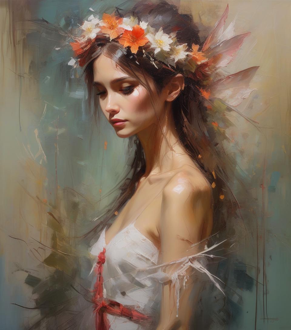  ((amazing quality, award winning, intricately detailed, ultra realistic, extremely detailed 8k)), ((oil painting by henry asencio)) portrait of fairy, floral headband, faded art