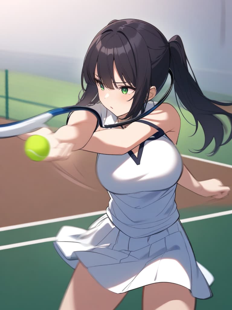  (masterpiece, highest quality,), beautiful fine eyes, very detailed, black hair, aho hair, long hair, green eyes, ponytails, busty, blurred background, shy pinup, tennis, tennis racket: 1.1), wearing tennis uniforms, tennis courts, (moving: 1.2), hitting the ball with a tennis ball, some players, standing in one foot </input> </xml>, , motion blur with a racket with one hand, hold with the right hand, depression, hits, one ball