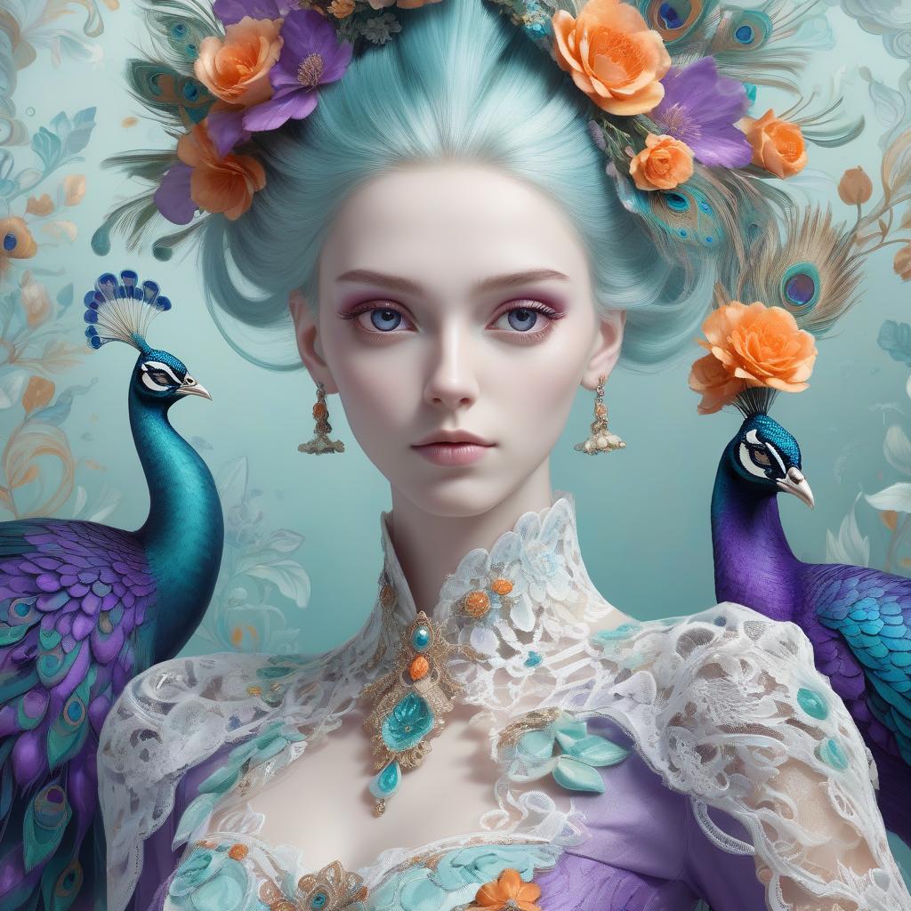  <mymodel>dynamic composition of a pale skinned woman with hair of flowers and peacock plummage of aqua, orange and purplepurple, ornate details,lacey clothes, facial closeup