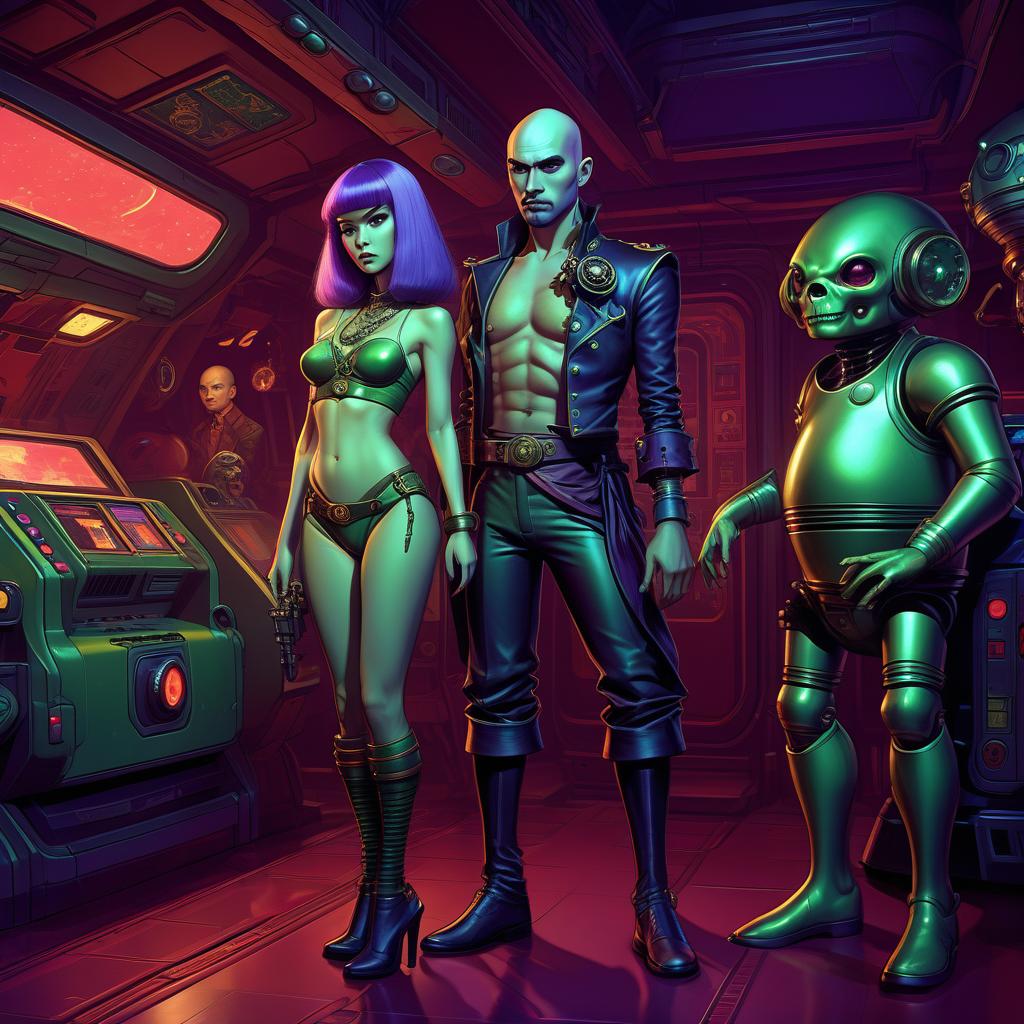  retro game art a group of space pirates, a young alien of thai appearance, 20 year, purple skin, large size elastic , elegant thin waist, long slender legs, green hair. man, 40 year, small, fat, bald, black. next to the droid and minotaur. full length image, steampunk, dieselpunk, paropunk, standing in a space tavern, against a background of red light. . 16 bit, vint colors, pixelated, nostalgic, charming, fun