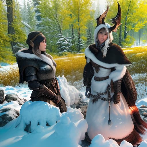  Skyrim, snow winter hyperrealistic, full body, detailed clothing, highly detailed, cinematic lighting, stunningly beautiful, intricate, sharp focus, f/1. 8, 85mm, (centered image composition), (professionally color graded), ((bright soft diffused light)), volumetric fog, trending on instagram, trending on tumblr, HDR 4K, 8K