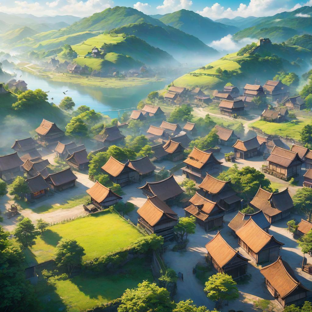  anime artwork landscape. a bird's eye view of the village . anime style, key visual, vibrant, studio anime, highly detailed, hkmagic hyperrealistic, full body, detailed clothing, highly detailed, cinematic lighting, stunningly beautiful, intricate, sharp focus, f/1. 8, 85mm, (centered image composition), (professionally color graded), ((bright soft diffused light)), volumetric fog, trending on instagram, trending on tumblr, HDR 4K, 8K